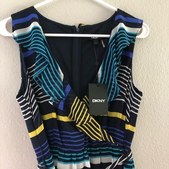 DKNY Womens Navy Ruffled Zippered Belted Lined Striped Sleeveless Surplice Dress - Picture 6 of 11